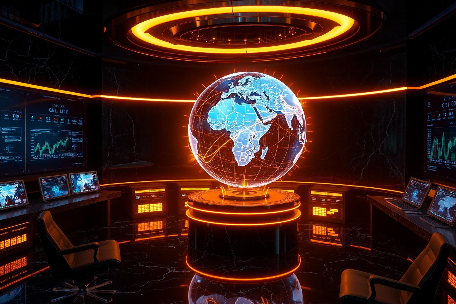 High-tech banking hub with holographic global data