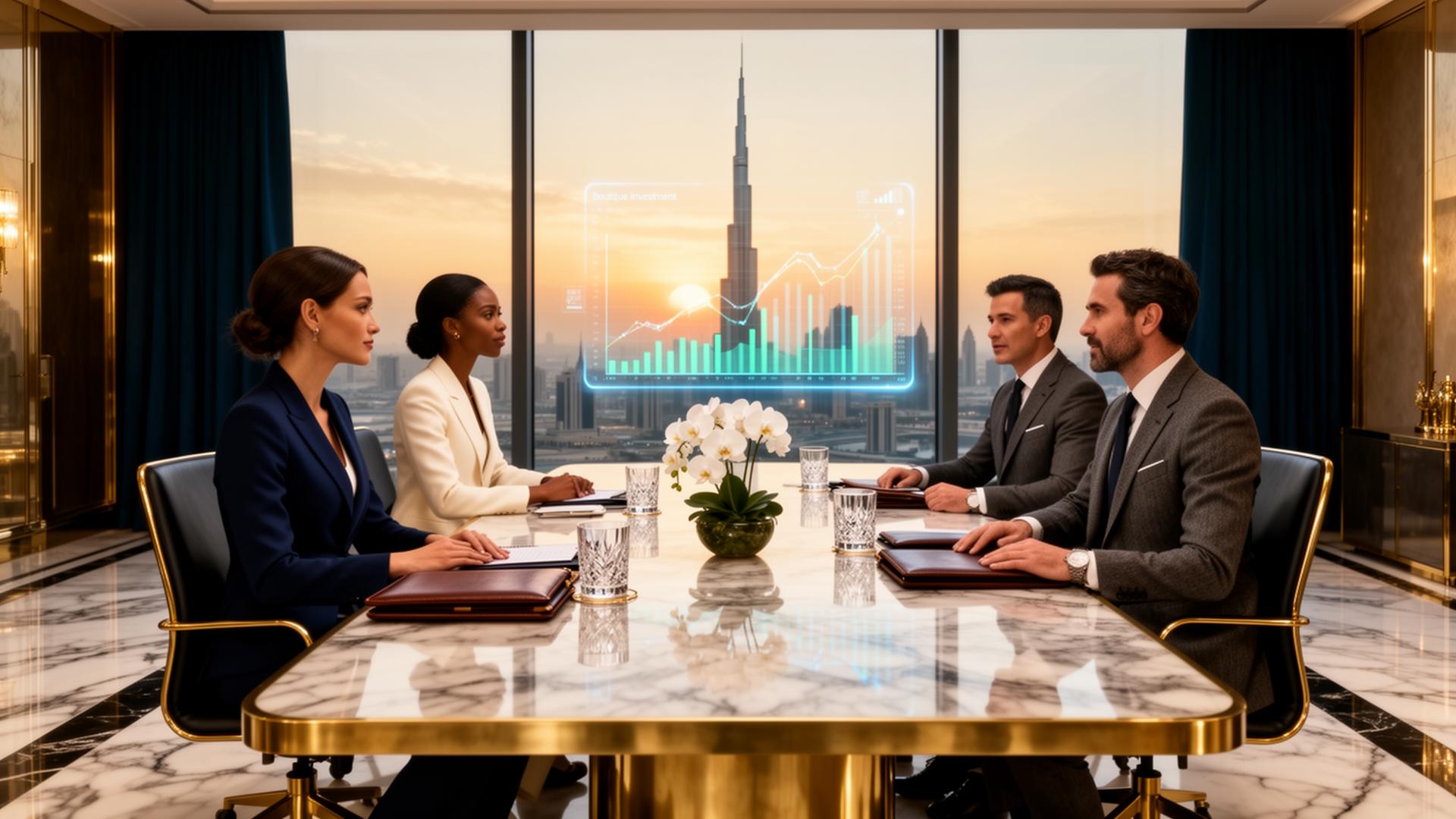 Boutique investment bankers and female advisors in a Dubai boardroom meeting