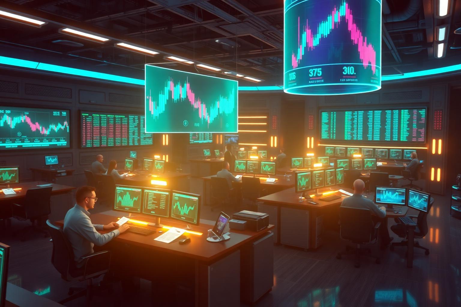 High-tech trading floor with live buy and sell orders